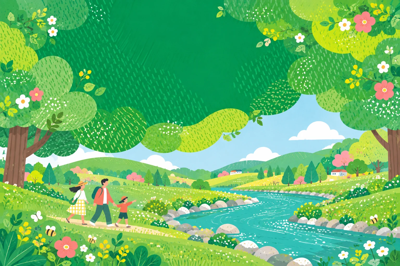木々や花に囲まれた川と自然石の護岸、川辺を歩く家族のイラスト
