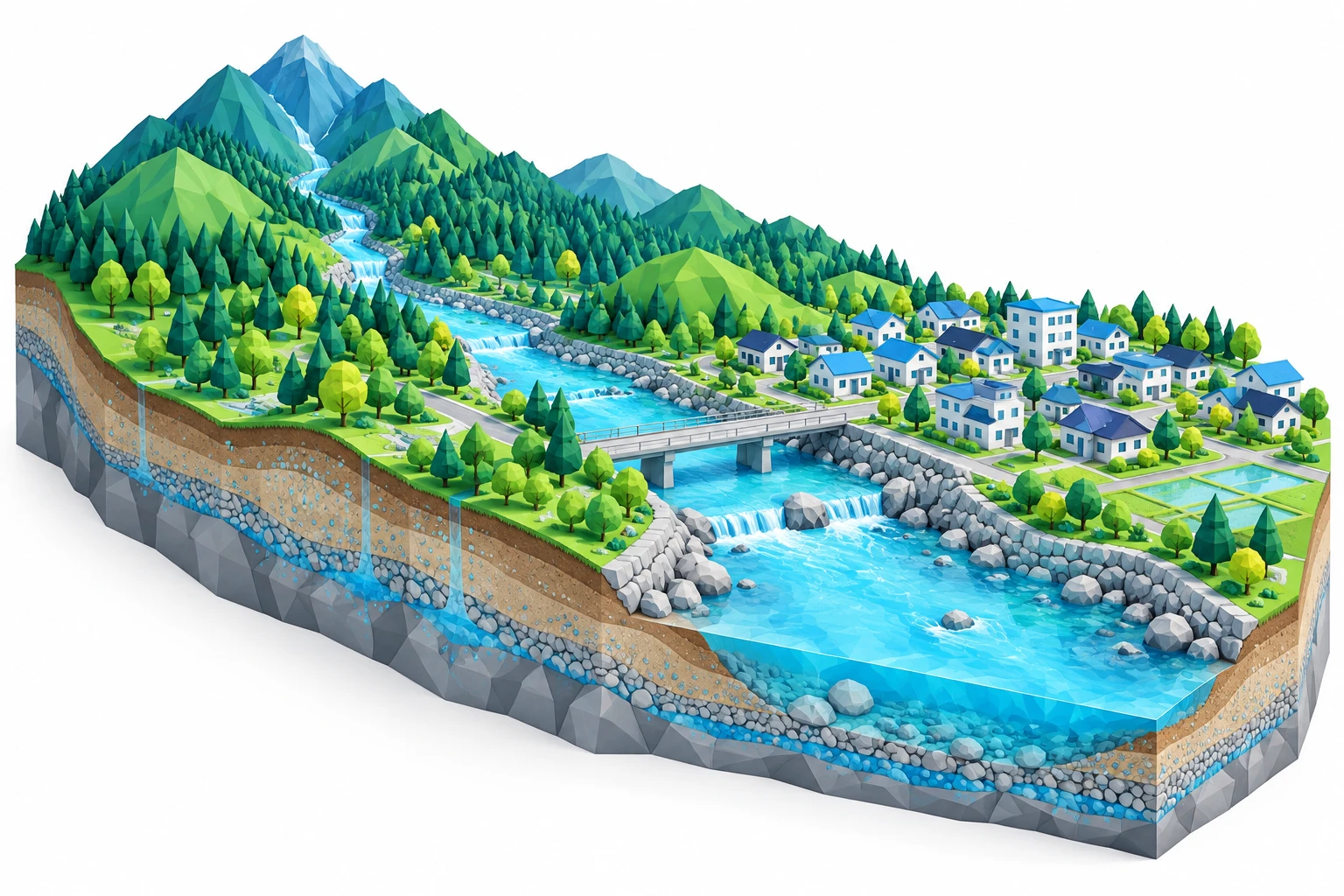 山の森林から街へ流れる川と自然石の護岸、地中の層を描いた流域のイメージイラスト